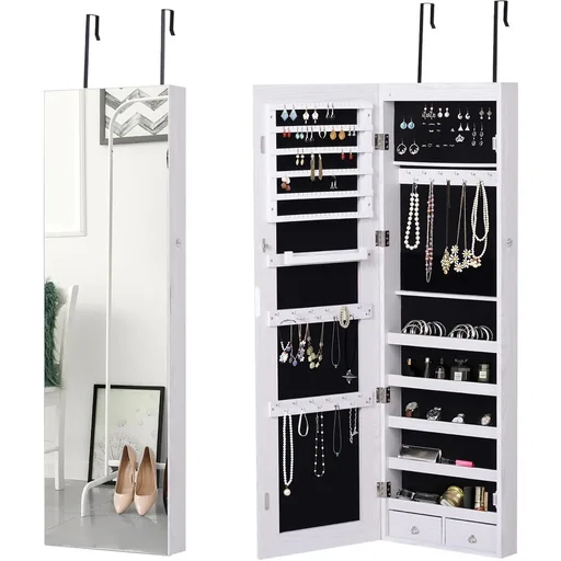 "LED jewelry cabinet with mirror light gray image"