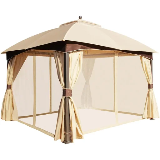 "Garden gazebo with double roof khaki+brown 3.95 x 3.28 x 3.33 m image"