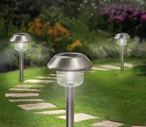 "Solar stainless steel lights with ground spike, set of 3 image"