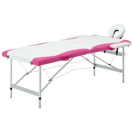 "Folding massage table with 2 zones aluminum white and pink image"