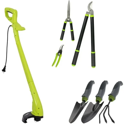 "Complete 7-piece garden set with grass trimmer, hedge trimmer and small garden tools image"