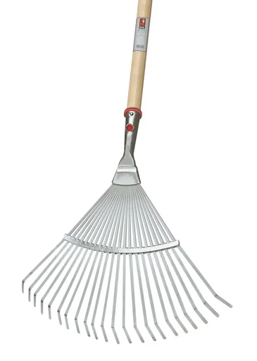"Fan broom, 22 spring steel tines, conical socket, galvanized, fixed, width 450 mm, long handle 130 cm image"