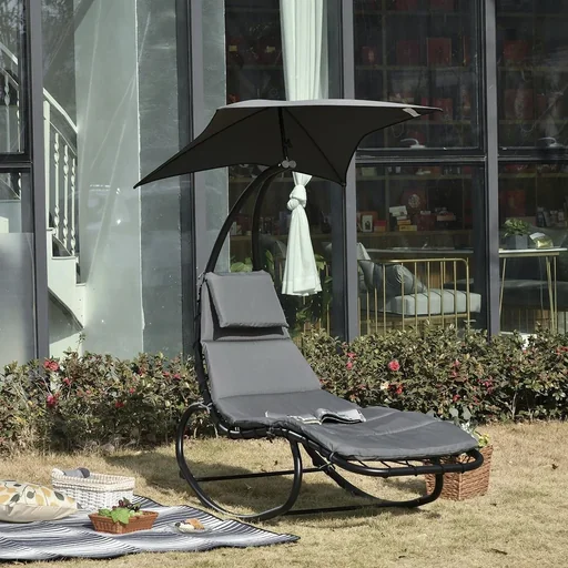 "Rocking lounger rocking chair relaxation lounger with roof garden balcony office dark gray 185 x 100 x 190 cm image"