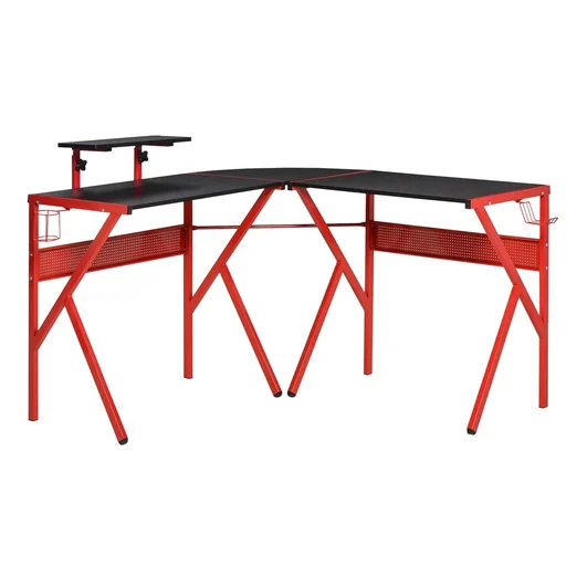 "Computer desk with height-adjustable monitor shelf Desk with cup holder Headphone hook L-shaped office desk with image"