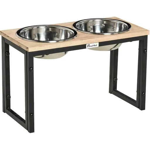 "Raised dog bowl, double bowl, feeding bowl with steel bowls, pet feeding bowl, pinewood, black, 43 x 21 x 27 cm image"