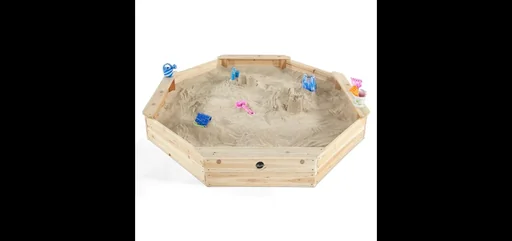 "Giant wooden sandpit, outdoor sandpit for children made of wood, bench, natural image"