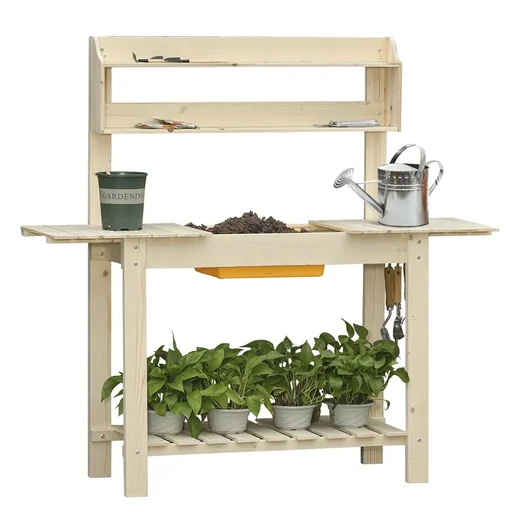 "Planting table with hooks gardening table flower table made of fir wood plastic for garden terrace adjustable work surface image"