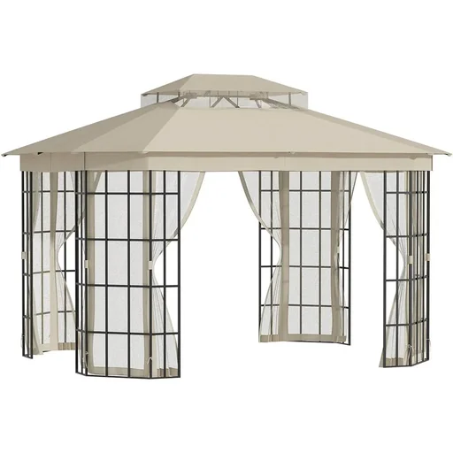 "Garden gazebo 3.65 x 3 m party tent with 4 x mosquito nets, breathable double roof, metal, polyester, black and beige image"