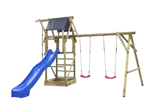 "Double swing Niels Rundholz with play tower, climbing rope, sandpit and slide image"