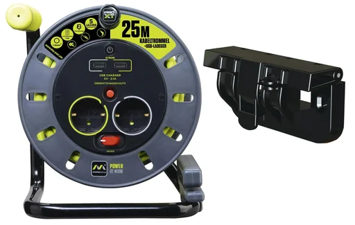 "Cable reel 25 meters with 2 sockets and 2 USB ports + FREE wall mount image"