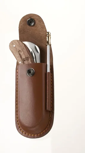 "Leather knife case with sharpening steel image"
