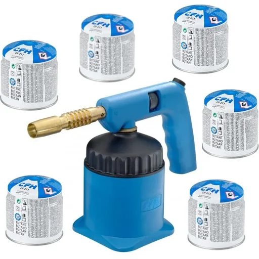 "Soldering torch PZP7000 with 6 gas cartridges, piezo ignition and usable in all positions image"