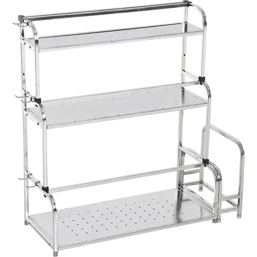 "Kitchen shelf standing shelf 3 shelves with 6 hooks multifunctional stainless steel silver L58 x W22 x H59cm image"