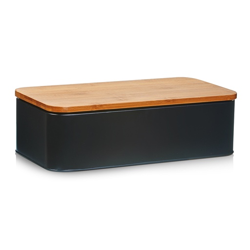 "Bread bin with bamboo lid, metal, matt black image"