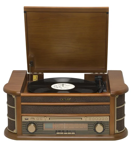 "Retro record player with USB, CD, radio, cassette and speakers image"