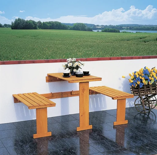 "Folding balcony furniture with blue cushions image"
