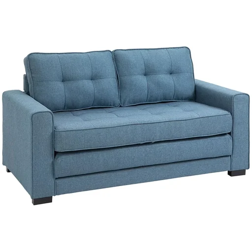 "Pull-out two-seater sofa bed, solid wood, linen look, blue, 147.5 x 75 x 85 cm image"