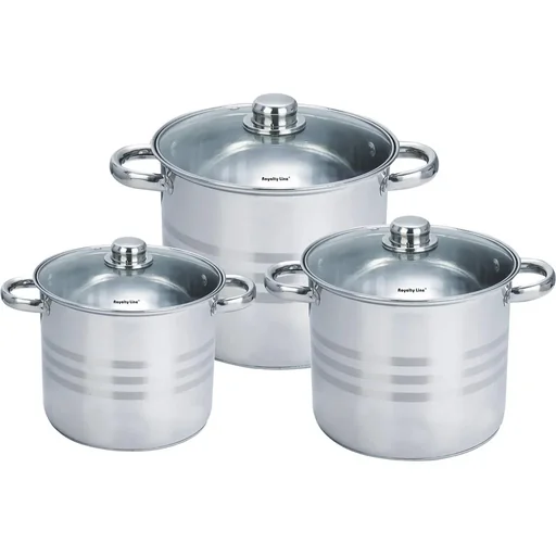 "6-piece pot and pan set - with glass lids - 8.8L, 10.6L and 12.6L - stainless steel image"