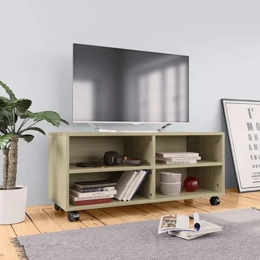 "TV cabinet with castors 90x35x35 cm chipboard Sonoma oak image"