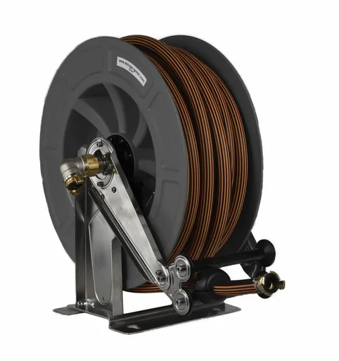 "Hose reel stainless steel/ABS plastic housing OSK 610 with 15 m, 1" rubber hose ET, max. 15 bar/90°C image"