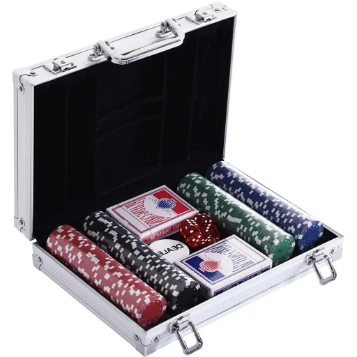 "Poker case poker set 200 poker chips 2 x deck of cards 5 x dice 1 x aluminum case 4 colors 29.5 x 20.5 x 6.5 cm 11.5 g/chip image"