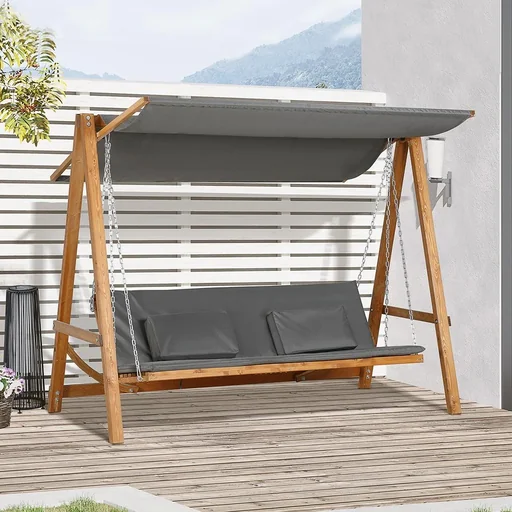 "Garden swing for 3 people, foldable into a double bed, grey+teak, 225.5 x 113 x 180 cm image"