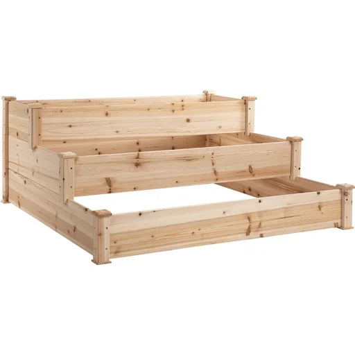 "Raised bed 3-tiered garden bed plant bed herb bed flower stairs for balcony garden natural fir wood 124 x 124 x 56 c image"