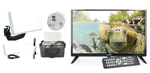"Traveller Kit II TV Camping Set including 24-inch LED TV, flat satellite antenna image"