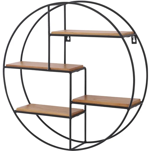 "Wall shelf, bookcase, metal shelf, hanging shelf, decorative shelf, round, 4 levels, metal + wood, black + natural ?45 x 11cm image"