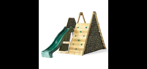 "Wooden climbing pyramid, outdoor climbing pyramid for children made of wood, climbing wall, climbing net, slide, natural image"