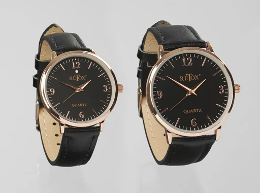 "Elegant men's and women's watch set in rose gold look with genuine leather strap image"