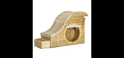 "Discovery Nature Play Hideway, outdoor playhouse for children made of wood, planter, painting disc, wind chime, natural image"