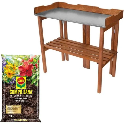 "Garden planting table with zinc plate and folding wooden shelf - 94 x 40 x 86 cm including Compo Sana 10L potting soil image"