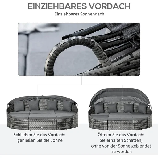 "Rattan sun island 4-piece lounge island with sunroof seating group 4 cushions metal grey 230 x 145 x 80 cm image"