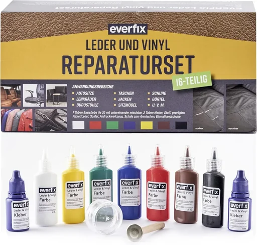 "Leather & Vinyl Repair Kit (16 pieces) for repairing leather and artificial leather image"