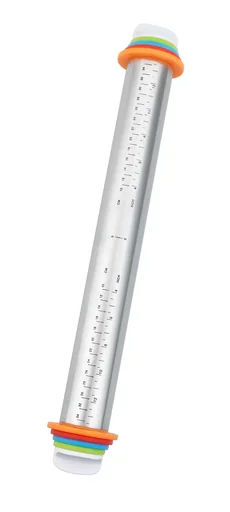 "Stainless steel rolling pin with spacers and measuring scale image"