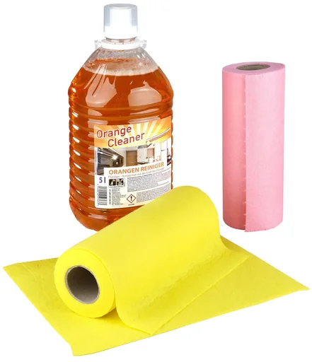 "Set of orange cleaner, concentrate, 5 liters + cleaning cloth, viscose, 20 pieces on a roll, assorted colors image"