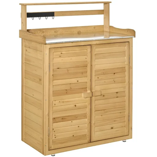 "Garden cabinet Planting table with base cabinet Tool cabinet with work surface 3 compartments Garden table with base cabinet 2 doors image"
