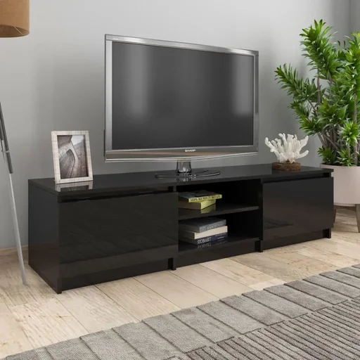"TV cabinet 140x40x35.5 cm chipboard high-gloss black image"