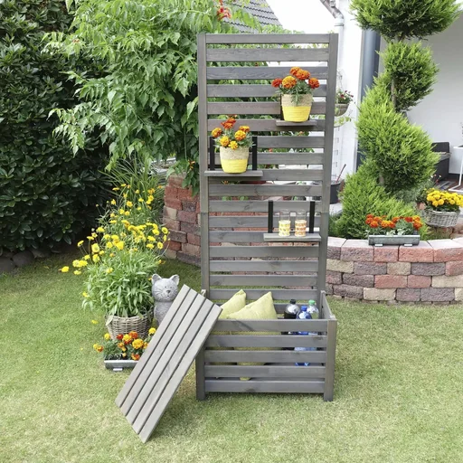 "Trellis privacy screen with storage box, grey image"