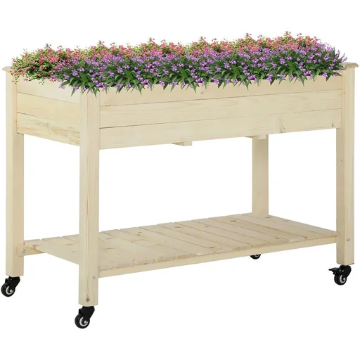 "Raised bed with wheels and natural shelf image"