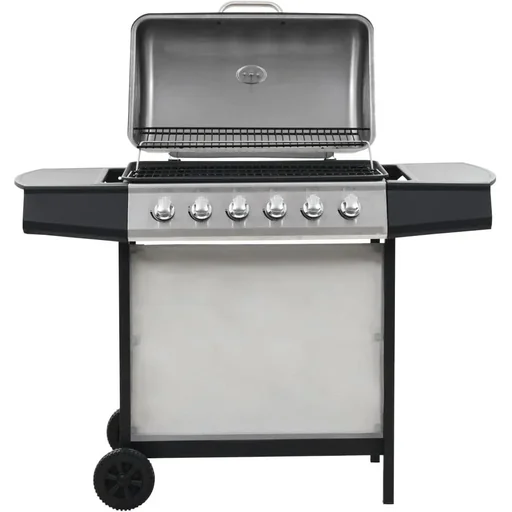 "Gas grill with 6 cooking burners made of stainless steel silver image"
