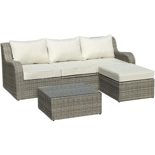 "Three-piece rattan-look sofa set with folding side table, light grey+beige image"