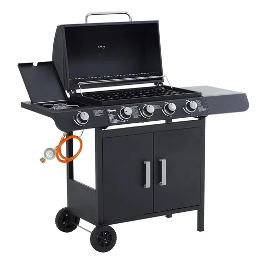"Gas grill BBQ grill cart with 4 burners 1 side burner cabinet multifunction metal black 125 x 51 x 100 cm image"