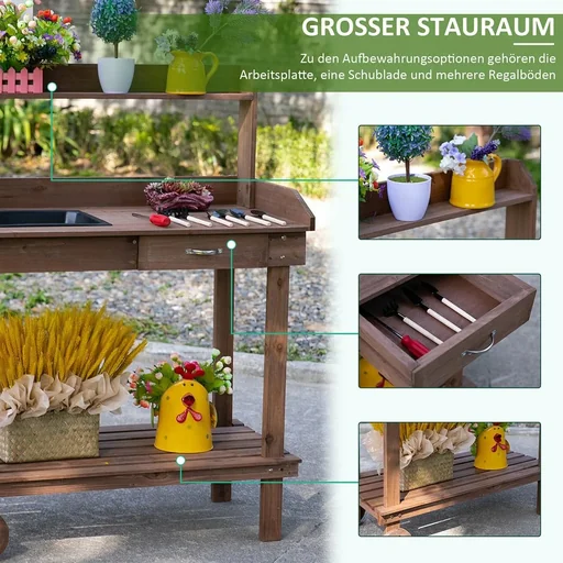 "Planting table with drawer 2 levels gardening table with sink and wheels garden fir wood brown 92 x 45 x 119 cm image"