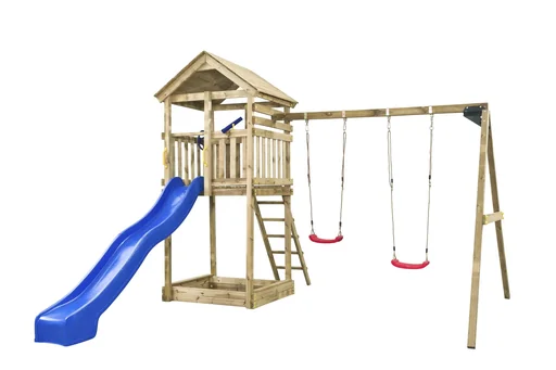 "Dean wooden double swing with sandpit and slide in blue image"