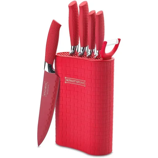 "6-piece knife set with knife block - stainless steel - red image"