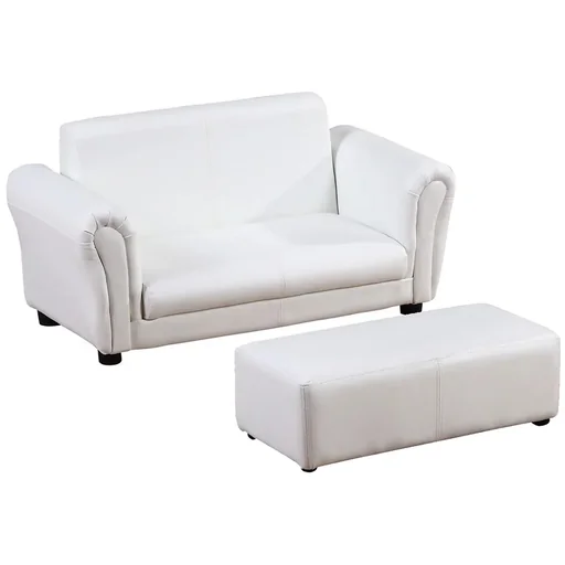"Children's armchair with footstool, children's couch with stool, children's sofa, sofa armchair, white image"