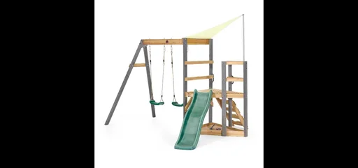 "Barbary wooden play structure, outdoor climbing frame for children, double swing, slide, ladder, sandpit, anthracite image"
