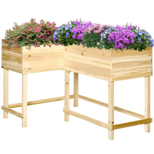 "Raised bed wooden planter with irrigation system nonwoven flower box flowerpot herb bed natural 121 x 91 x 81 cm image"